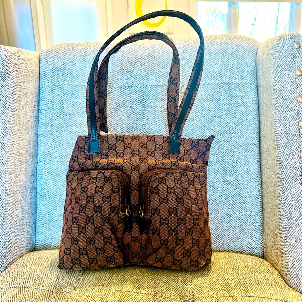 Gucci Leather Trimmed Monogram Double Pocket Tote Bag Chocolate Brown Vintage